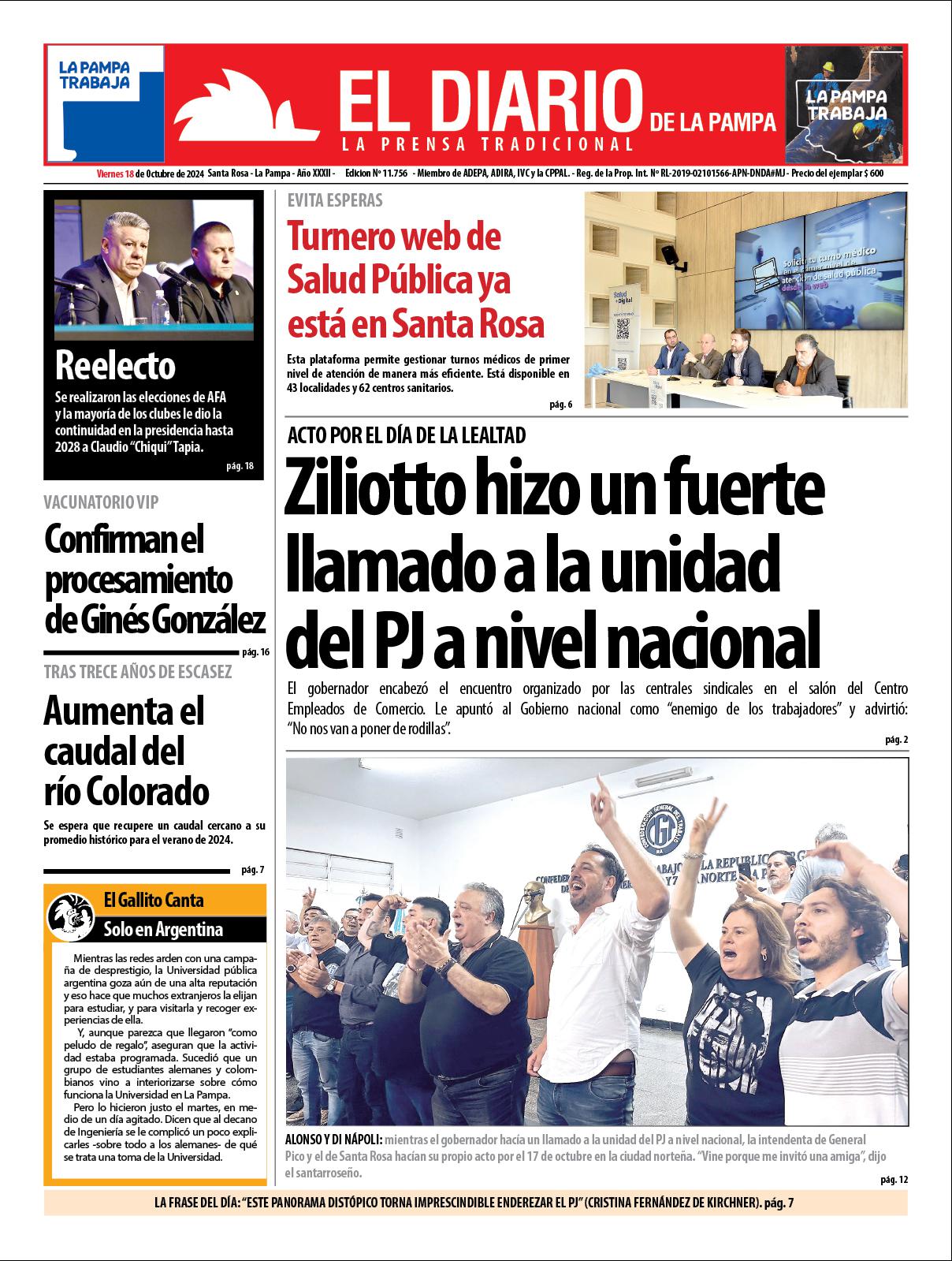 Tapa de El Diario en papel  viernes 18 de octubre de 2024